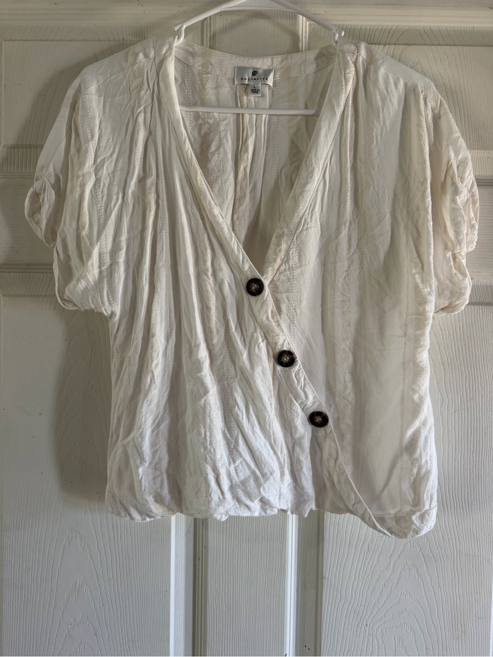 Socialite Ivory Wrap-Style Short Sleeve Blouse with Button Detail